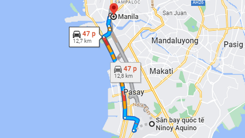 Travel from Ninoy Aquino airport to downtown Manila about 20 - 30 minutes
